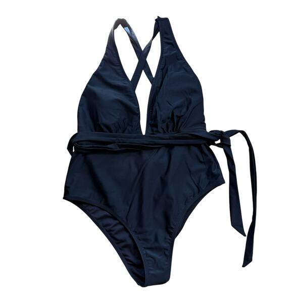 NWT Cupshe Black Swimsuit One Piece Plunge Backless Self Tie Racerback Large - Picture 1 of 11